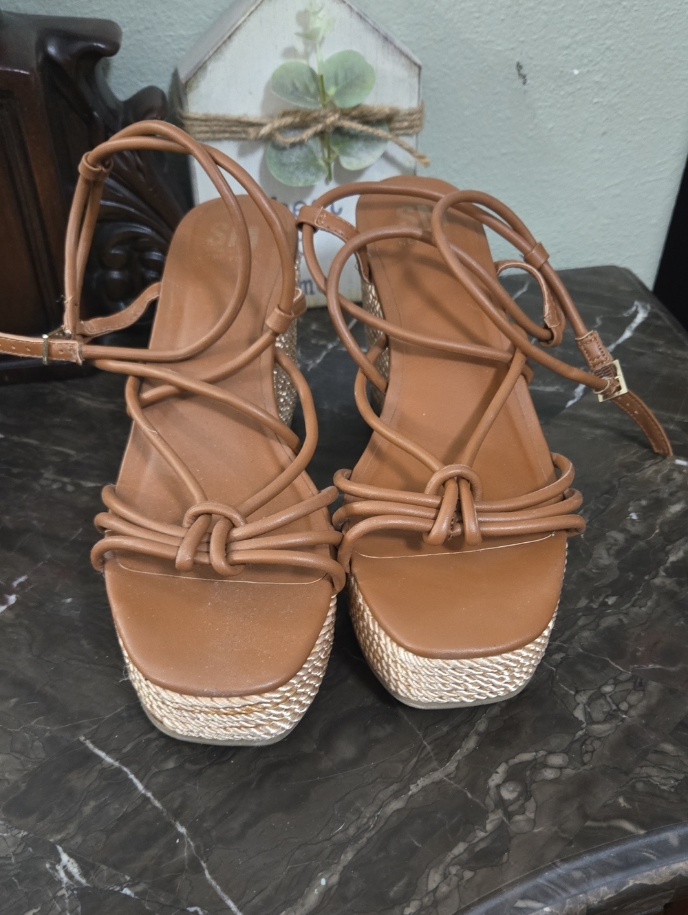 SM New York Tan Strappy Platform Sandals